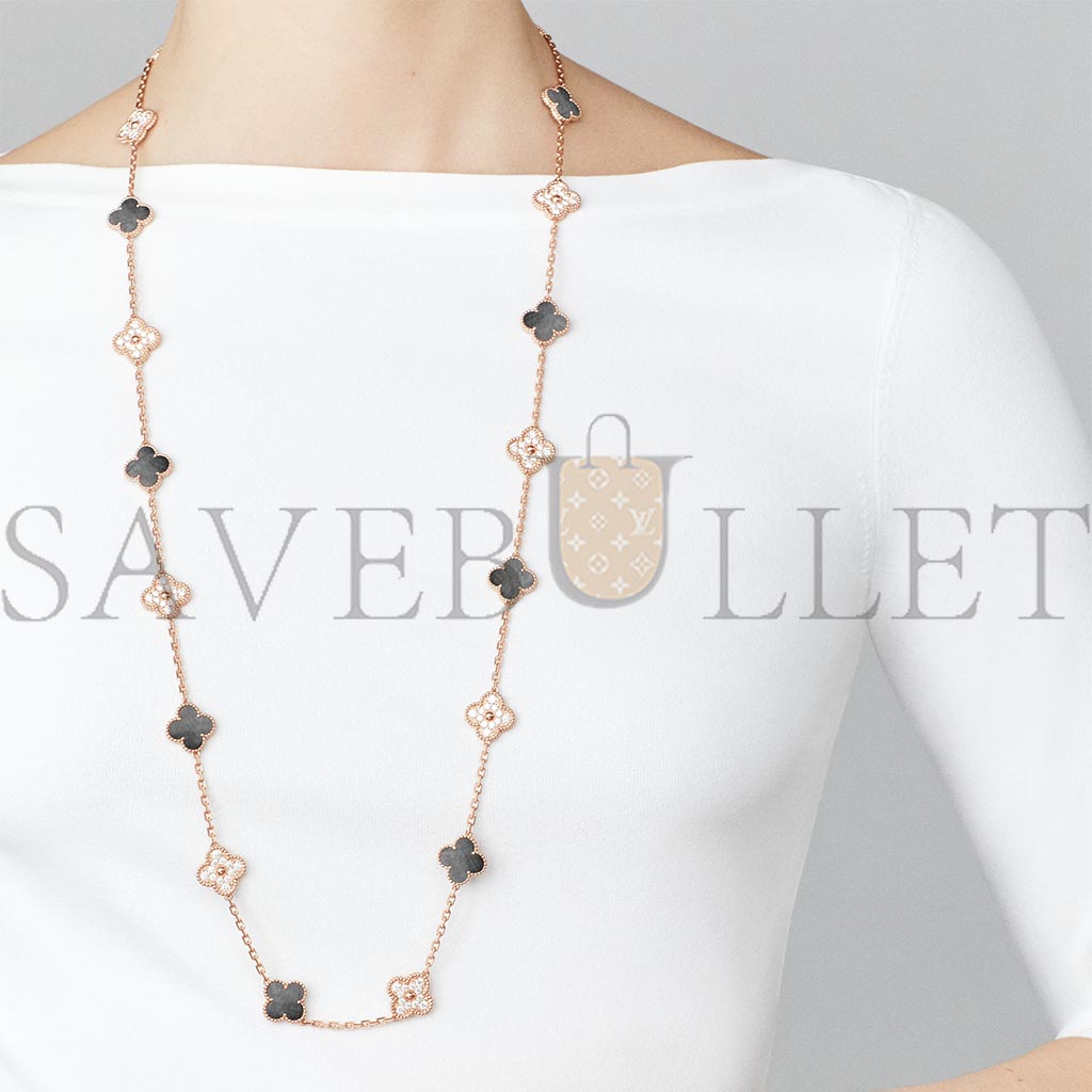 VAN CLEEF ARPELS VINTAGE ALHAMBRA LONG NECKLACE, 20 MOTIFS - ROSE GOLD, DIAMOND, MOTHER-OF-PEARL  VCARP2R000